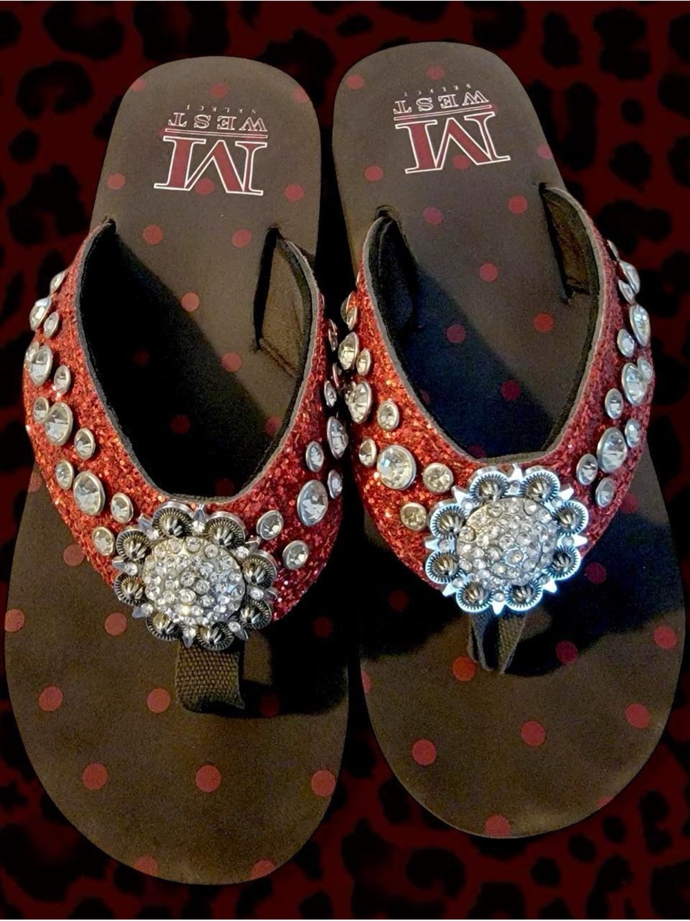 Montana West Red Jeweled Flip Flop Sandals with Silver Floral Medallions
